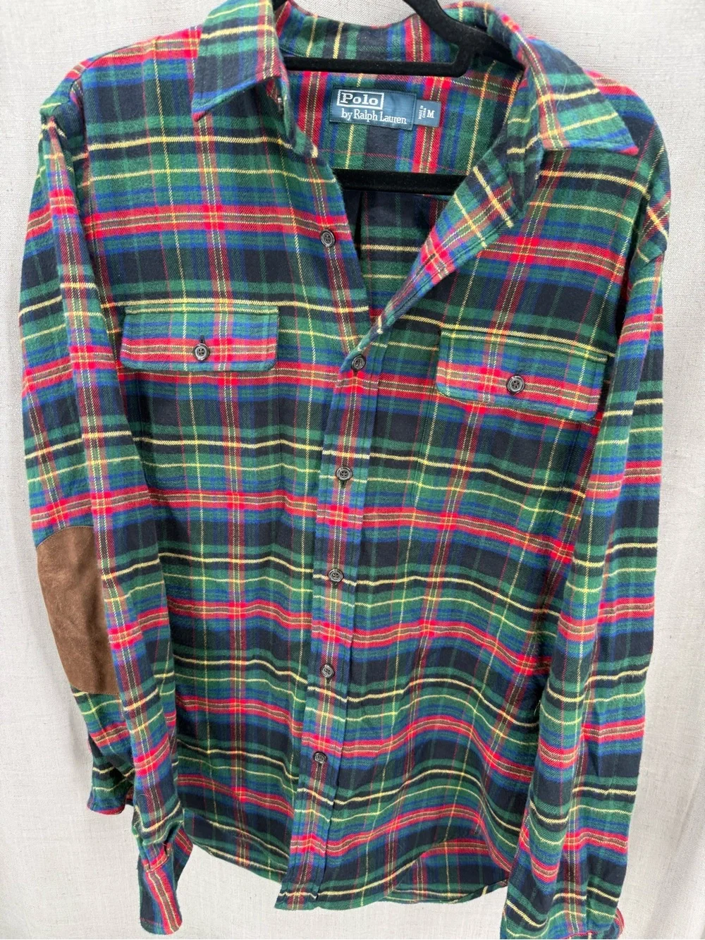 Polo Ralph Lauren Shirt Mens Medium Plaid Flannel Elbow Suede Patches Pockets
